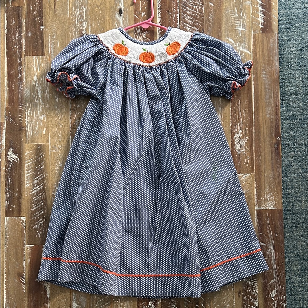 Polka Dot Pumpkin Embroidered Kids Casual Dress